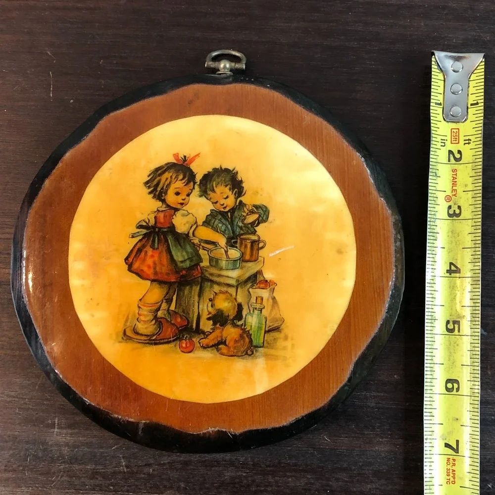 Vtg 70s MCM Lacquered‎ Resin Wood Decoupage Wall Art Boy Girl Hummel? Germany